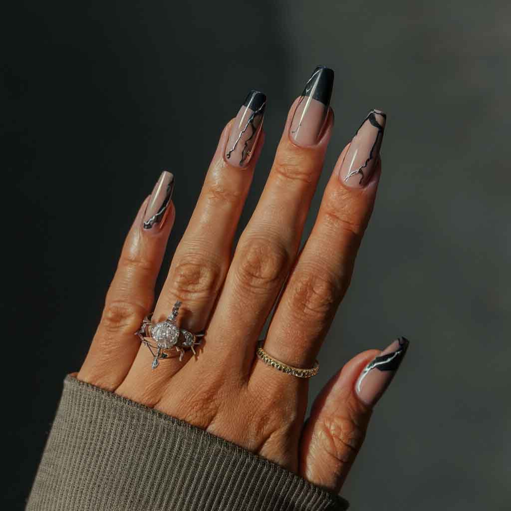 Black Marble with Silver Veins Nails