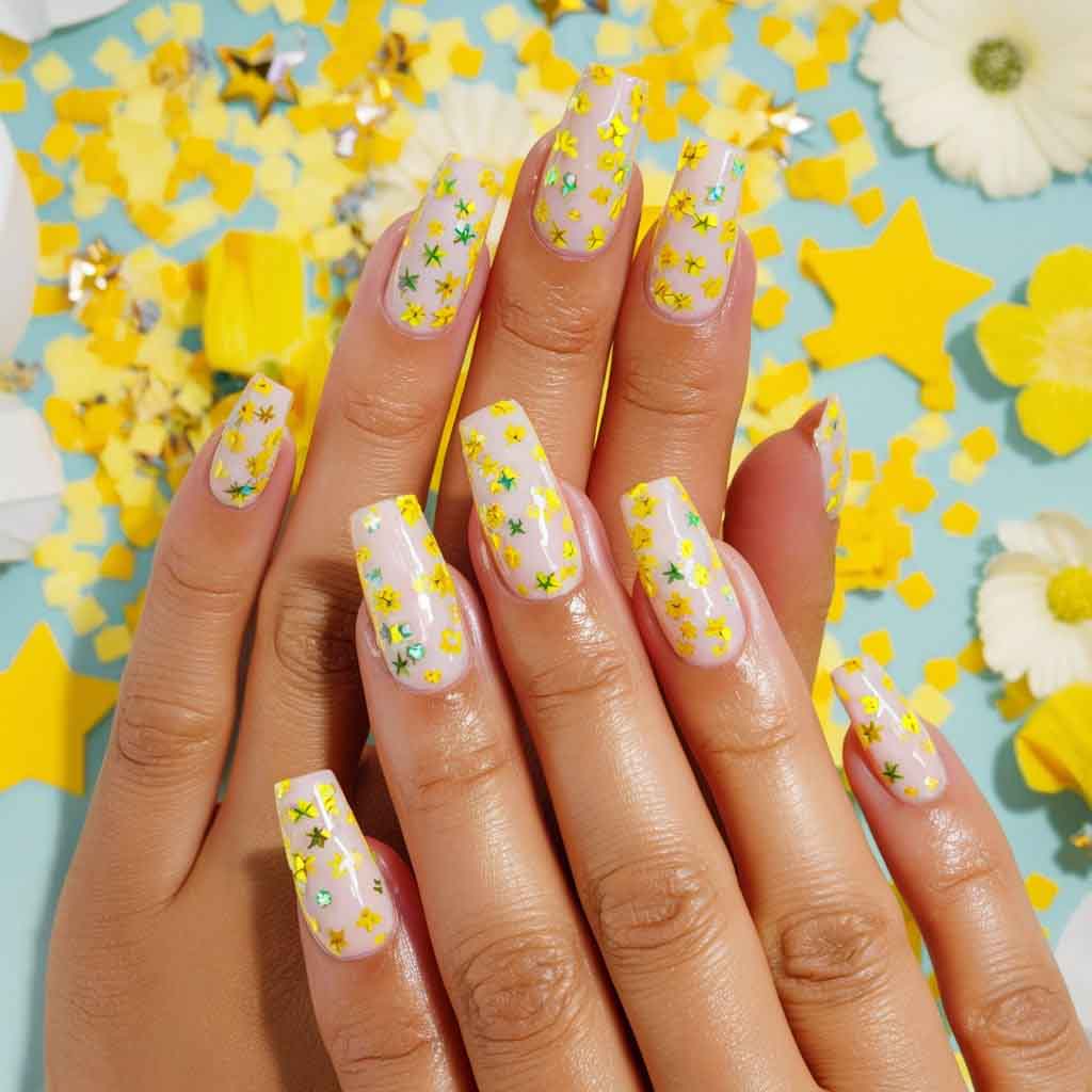 Confetti Nails art with yellow twist