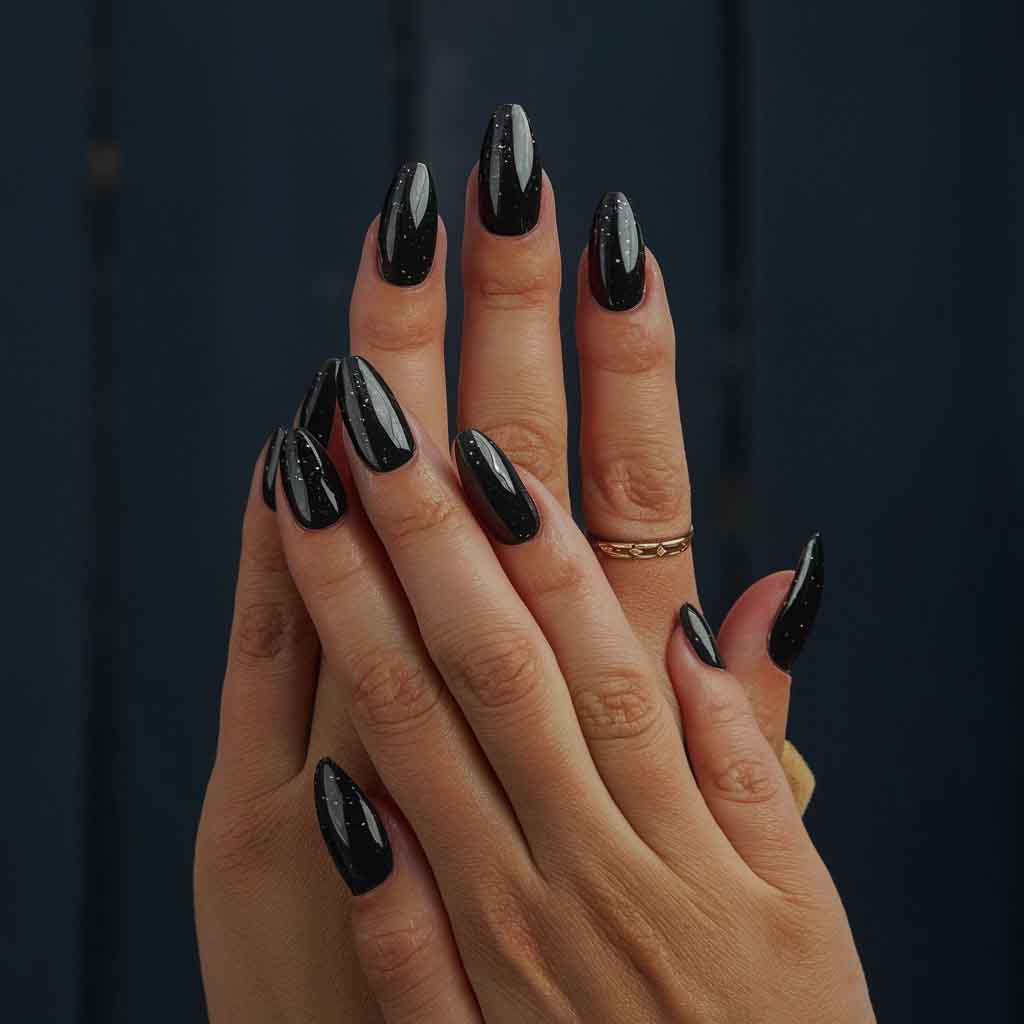 Matte Black with Glitter Accents Nails