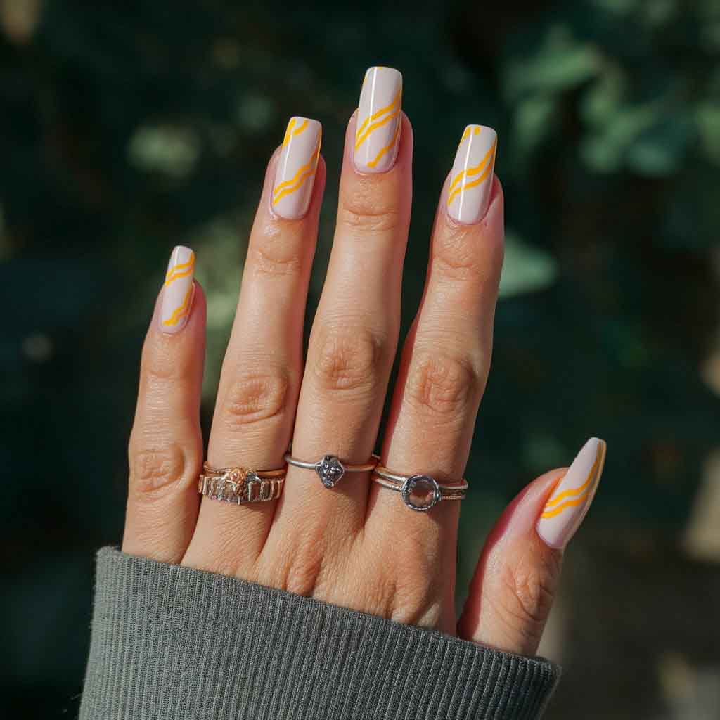 Wavy Lines Nails with Yellow