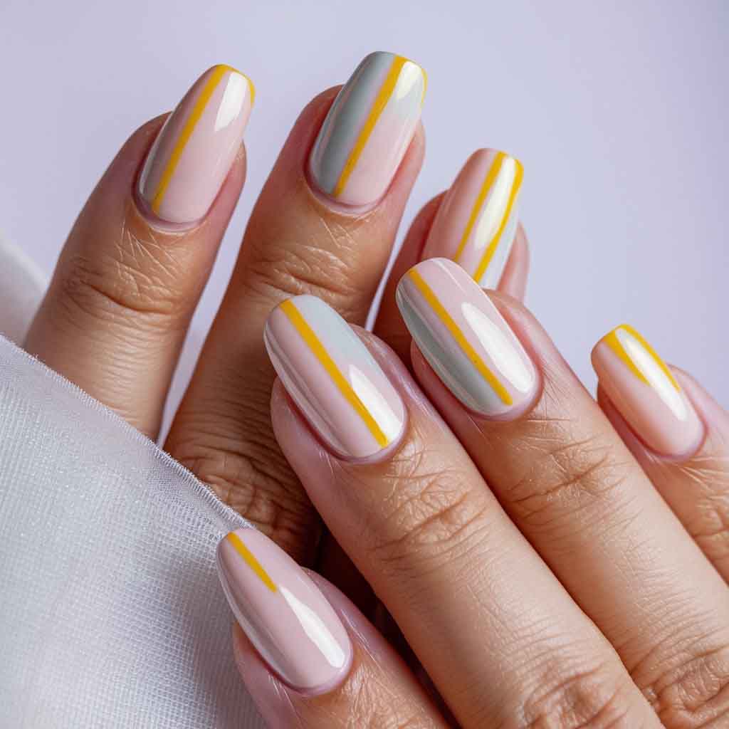 Yellow Strips on Soft Pastels nails