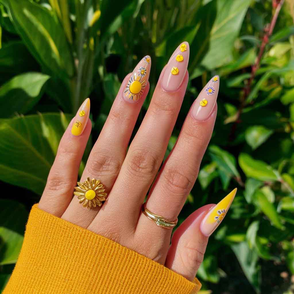 Yellow Sun Flower Design nails art