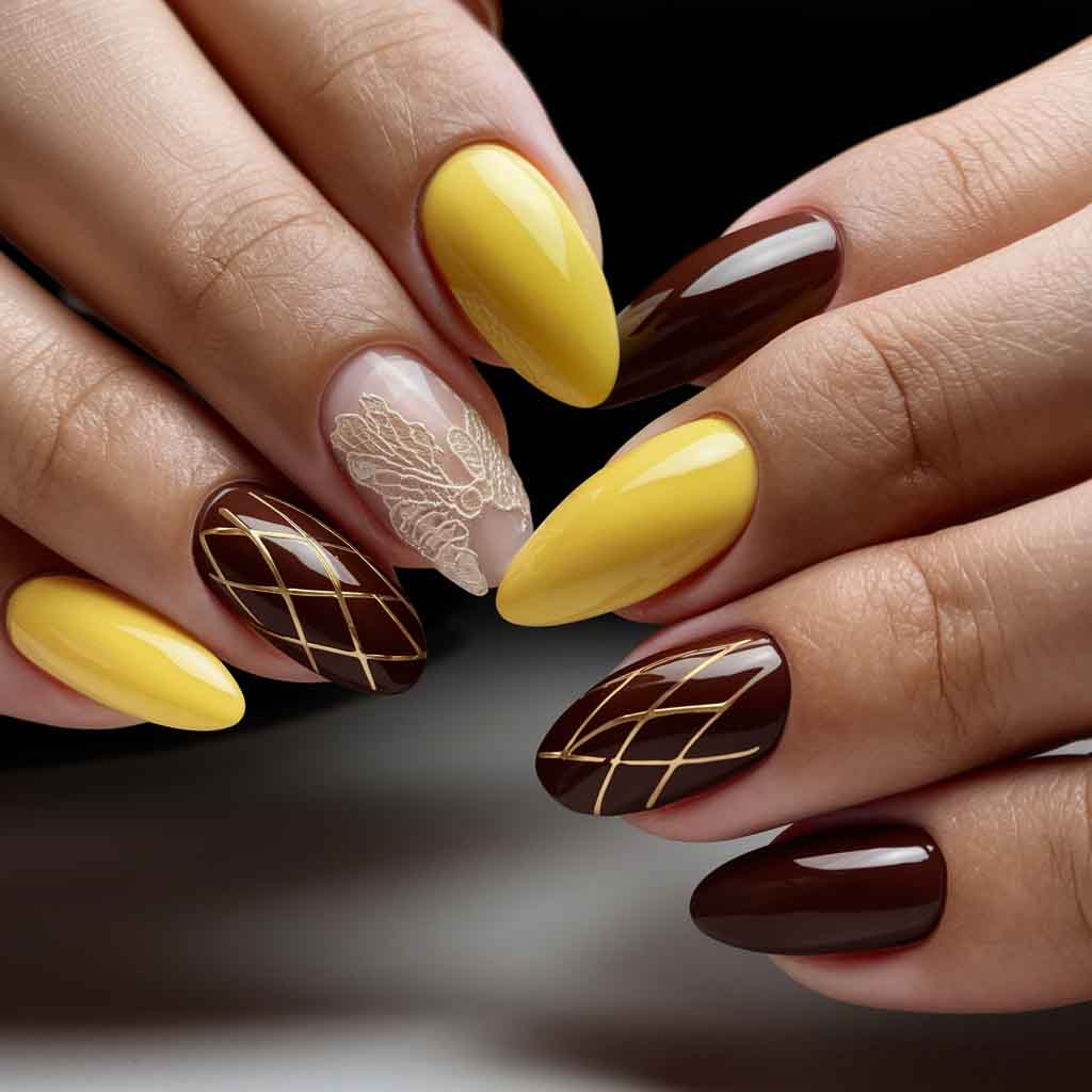 Yellow and Chocolate Brown nails
