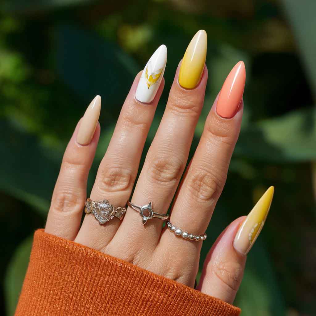 Yellow and Coral Tones nails art