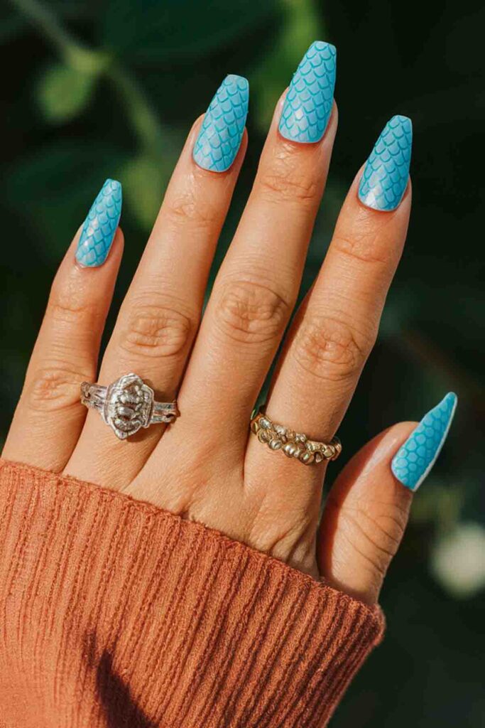 Aqua Blue with Fish Scale Texture Nails