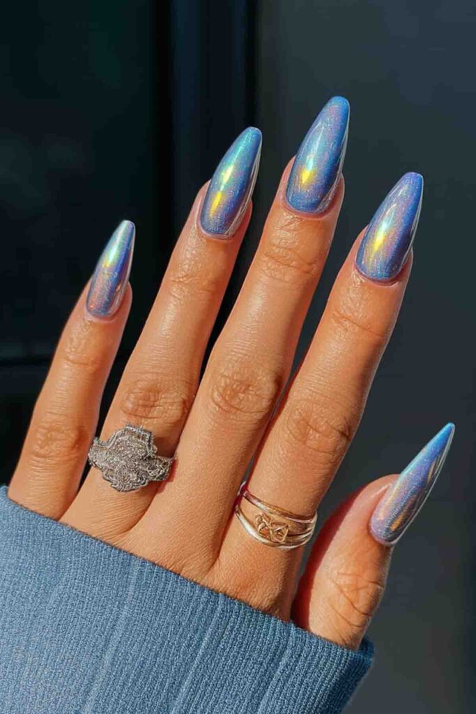 Blue Holographic Nails art for spring