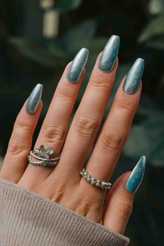 Turquoise with Silver Foil Nails