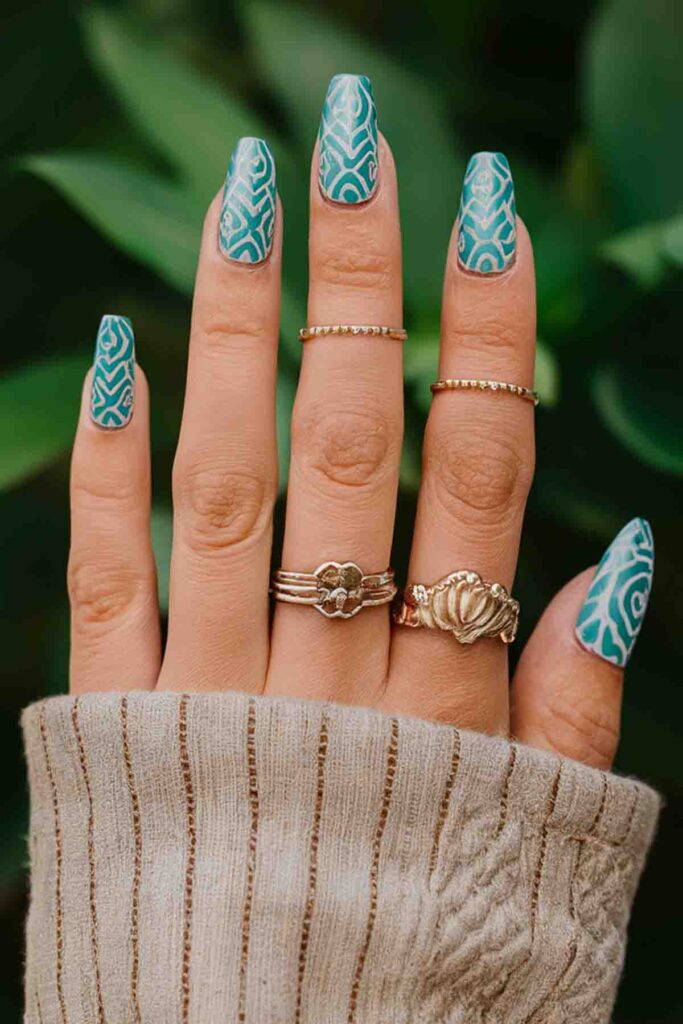 Turquoise with Tribal Patterns Nails