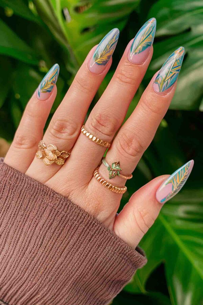 Blue with Tropical Leaves nails art 