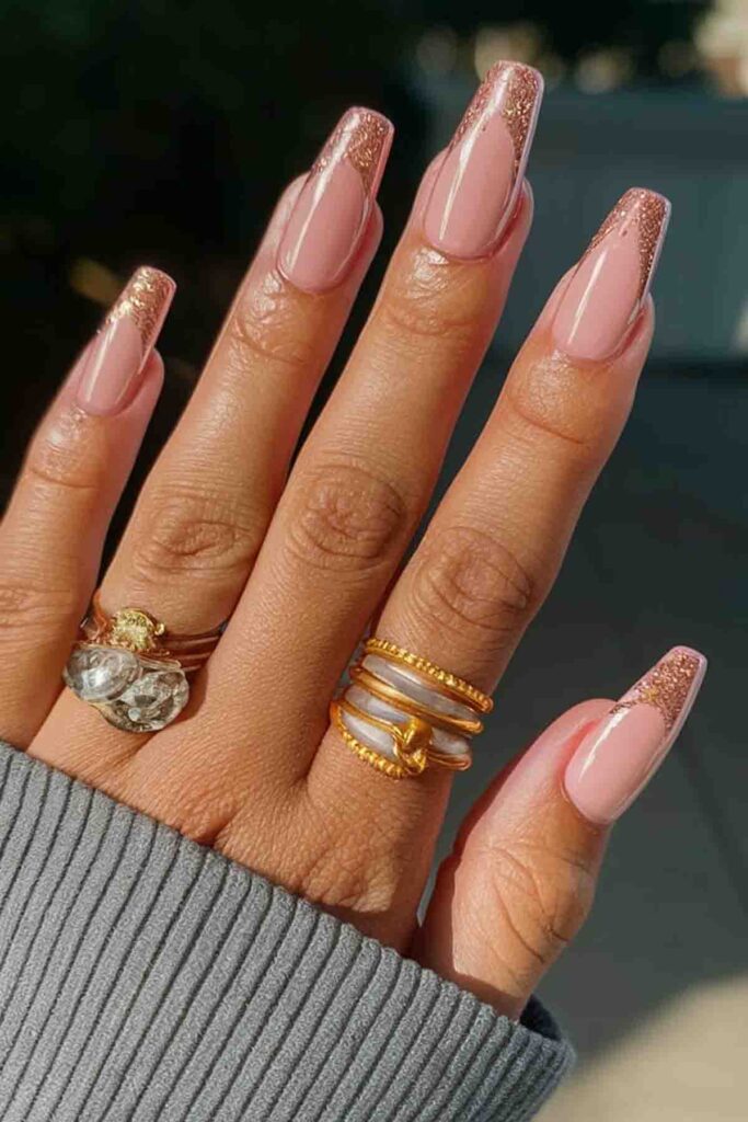 Blush Pink with Gold Glitter Tips Nails