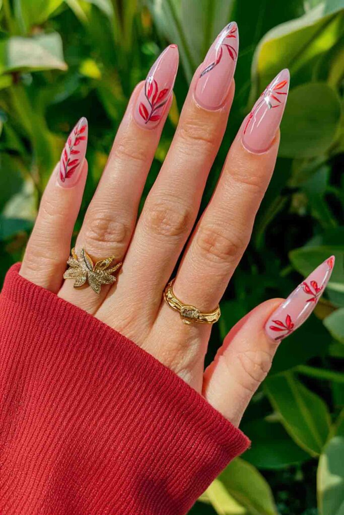 Coral Pink with Tropical Leaves Nails 