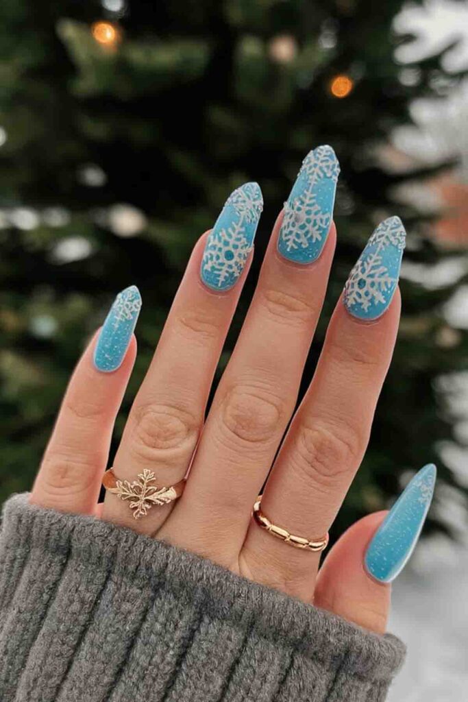 Icy Blue with Snowflake Details Nails