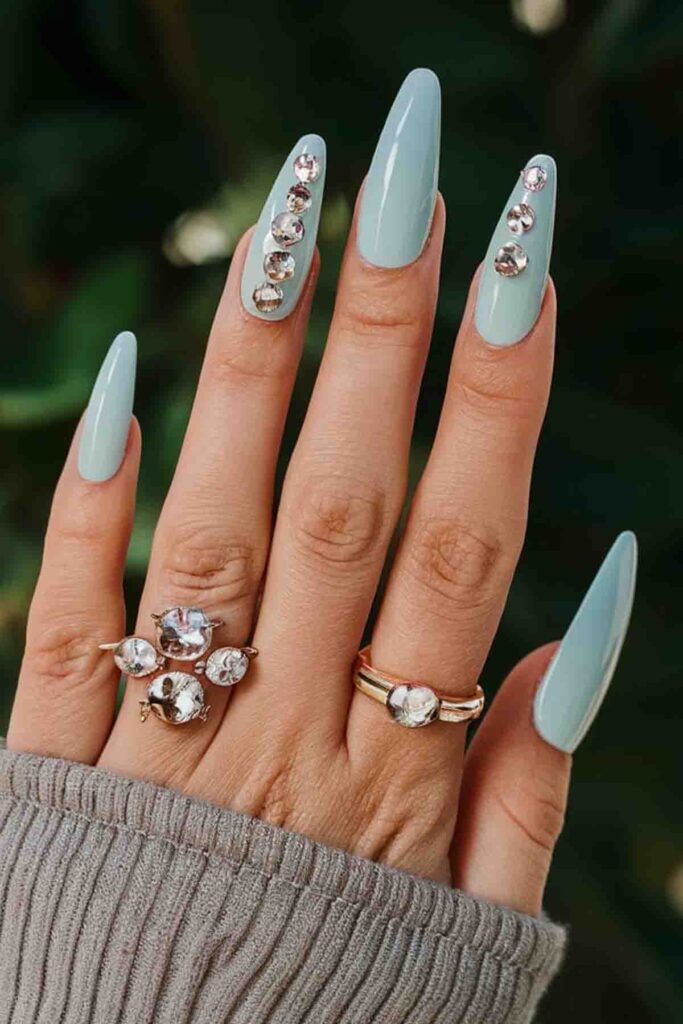 Mint Blue with Rhinestones nails art