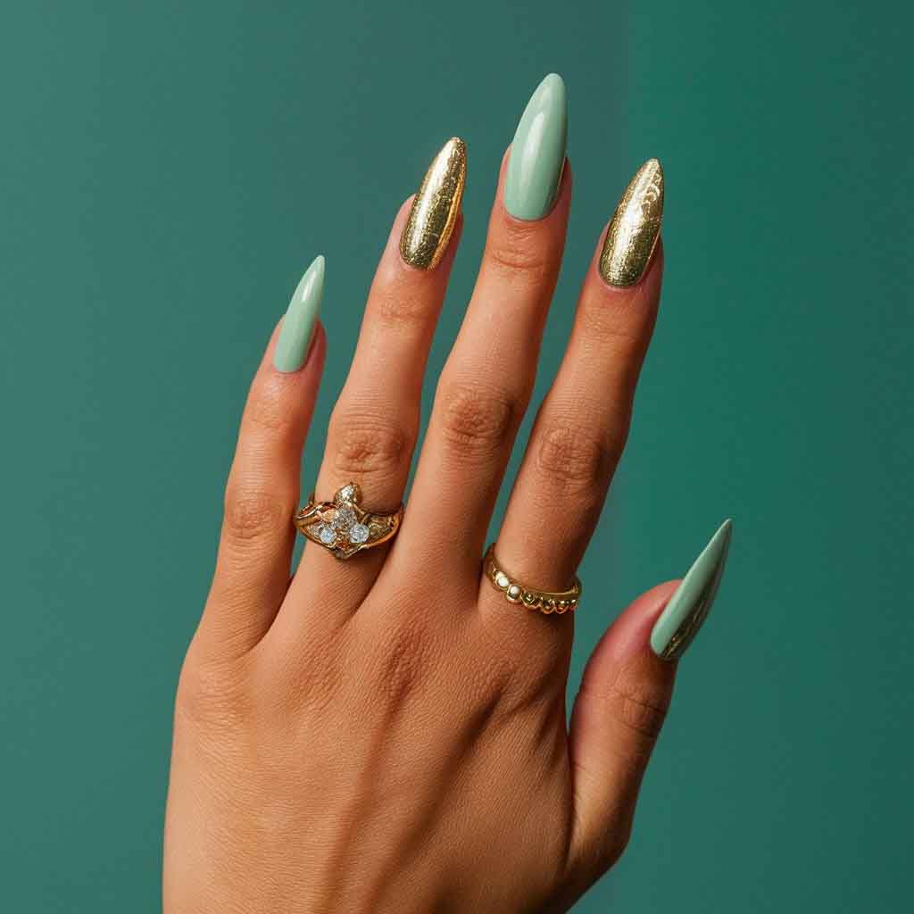  Mint Green with Gold Foil nails