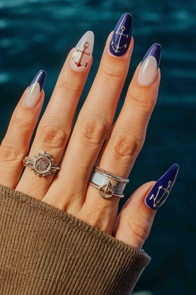 Navy Blue with Anchor and Nautical Theme Nails