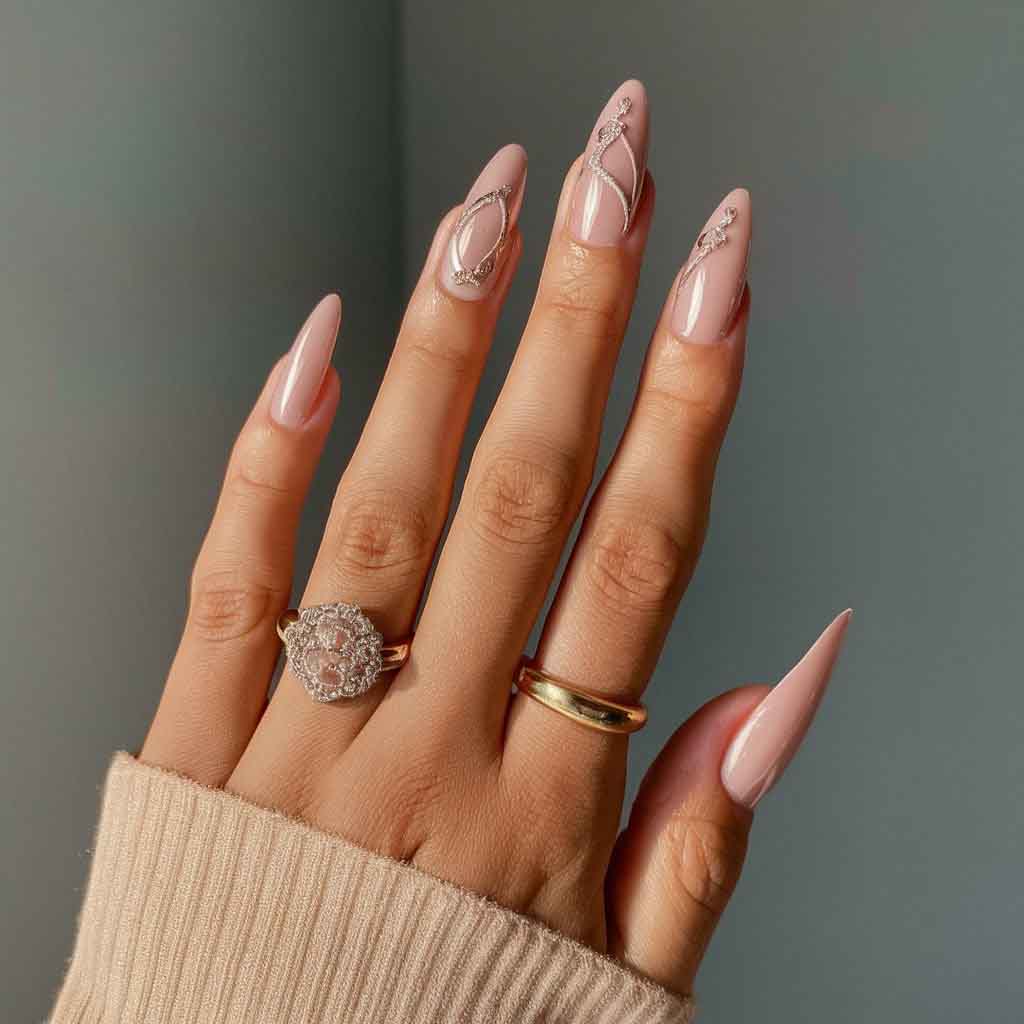 Nude Wedding Nails With Gold Detail