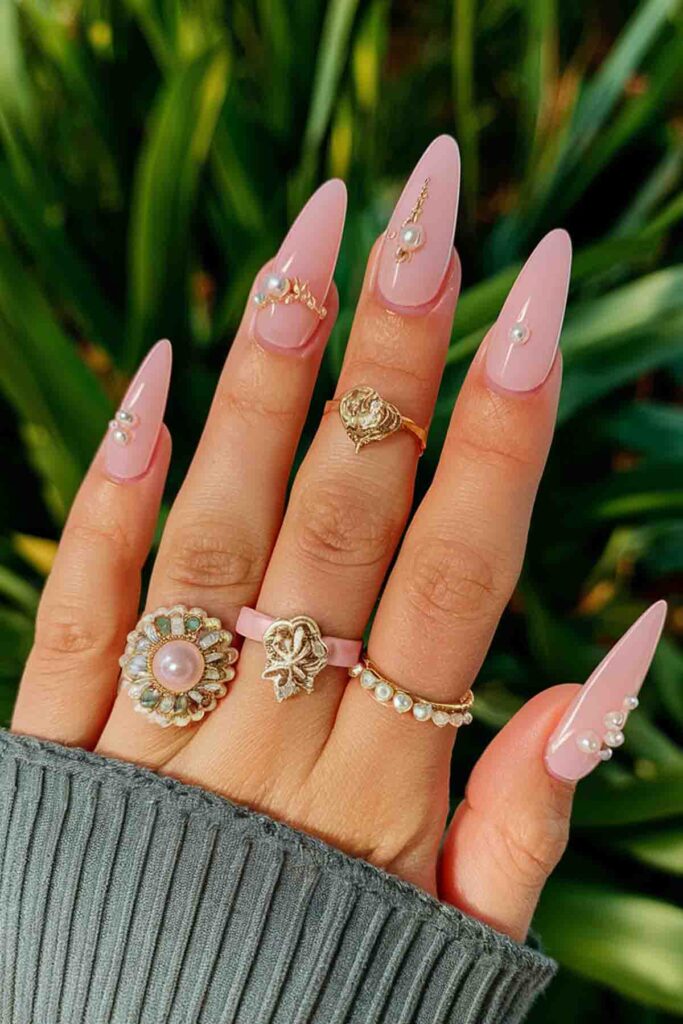 Pale Pink with Pearl Embellishments Nails