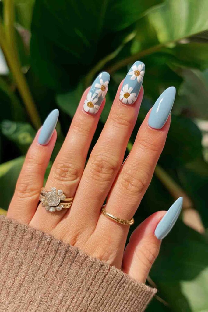 Pastel Blue with White Floral Accents Nails