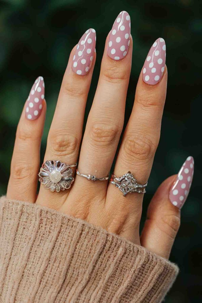 Pastel Pink with White Polka Dots Nails