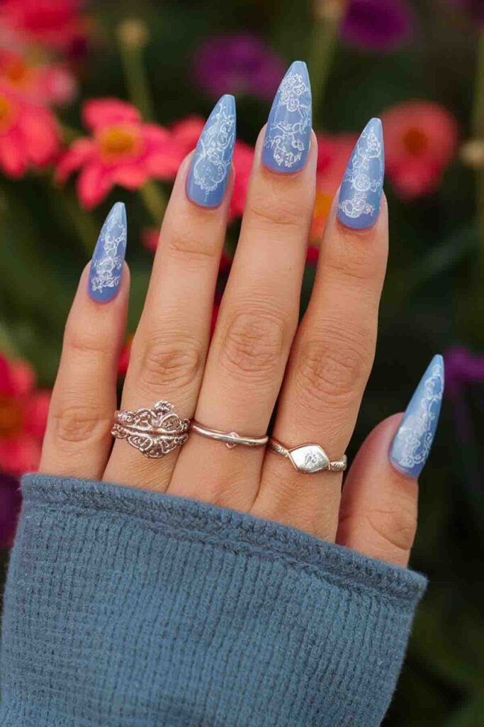 Periwinkle with Blue Lace Patterns Nails