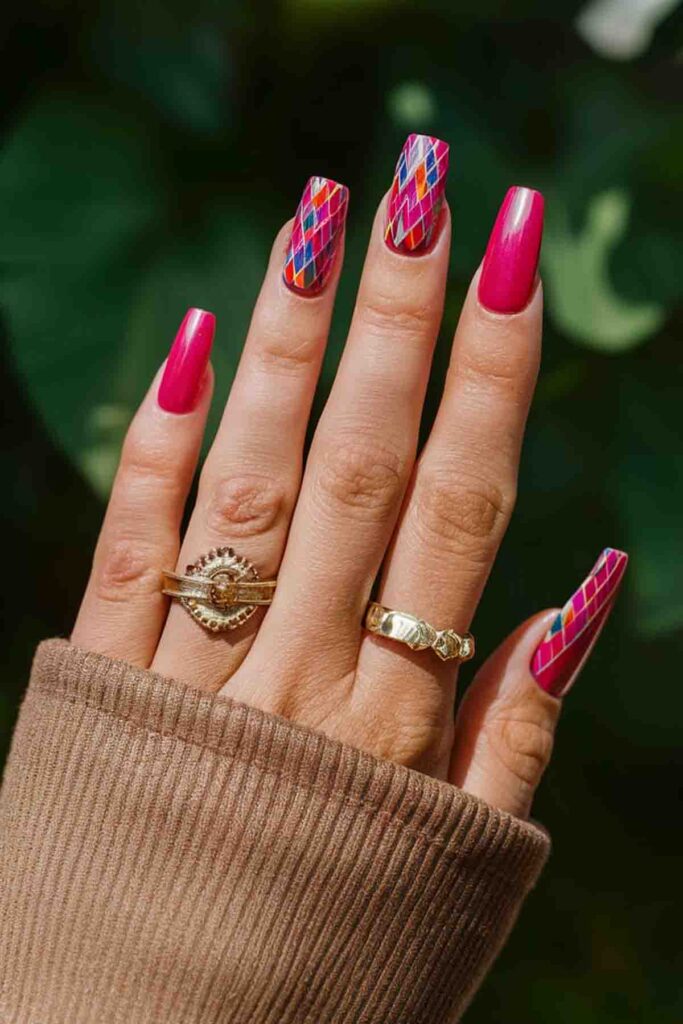 Pink Fuchsia with Geometric Patterns Nails