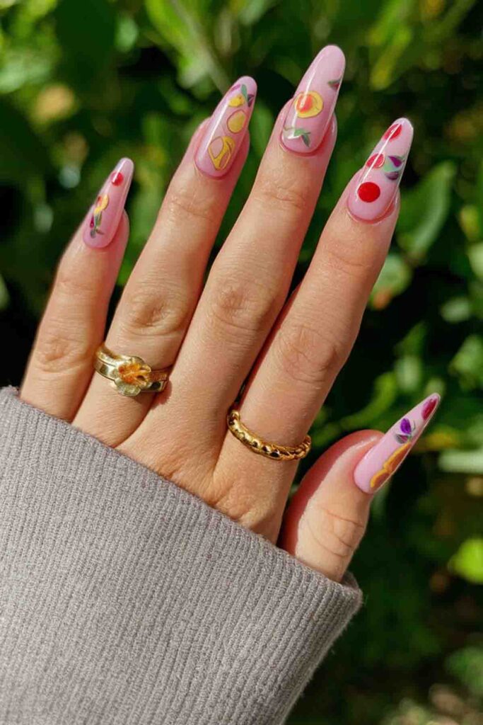 Pink with Fruit Patterns nails  