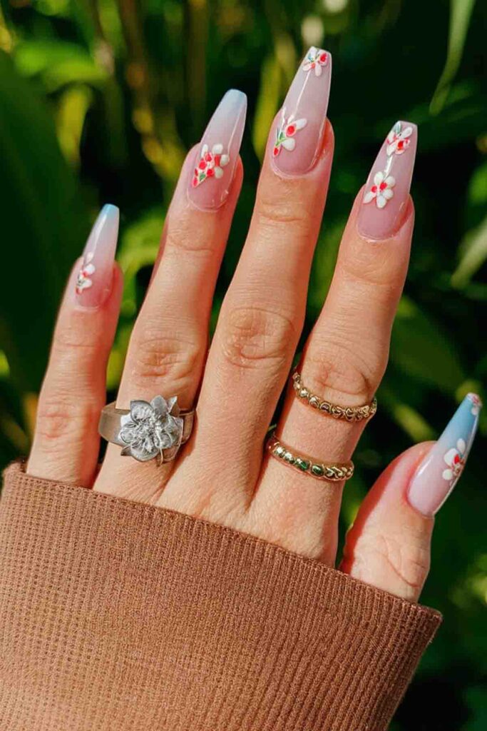 Pink with White Floral Accents Nails