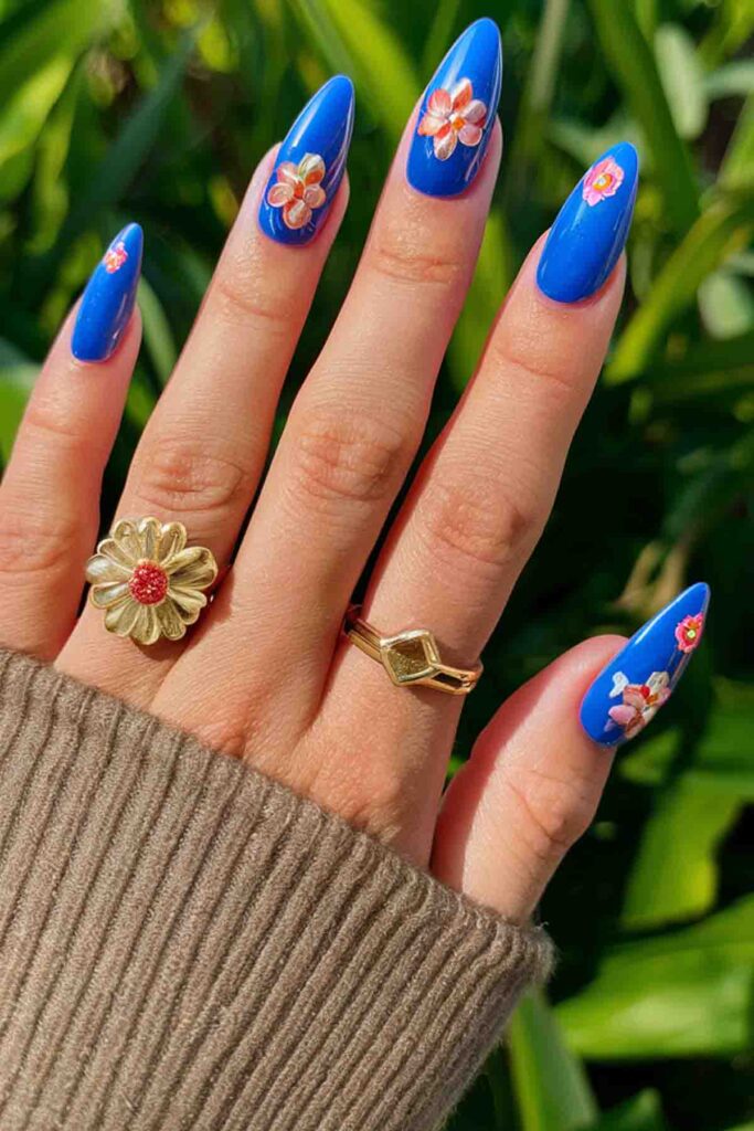 Royal Blue with 3D Flowers Nails