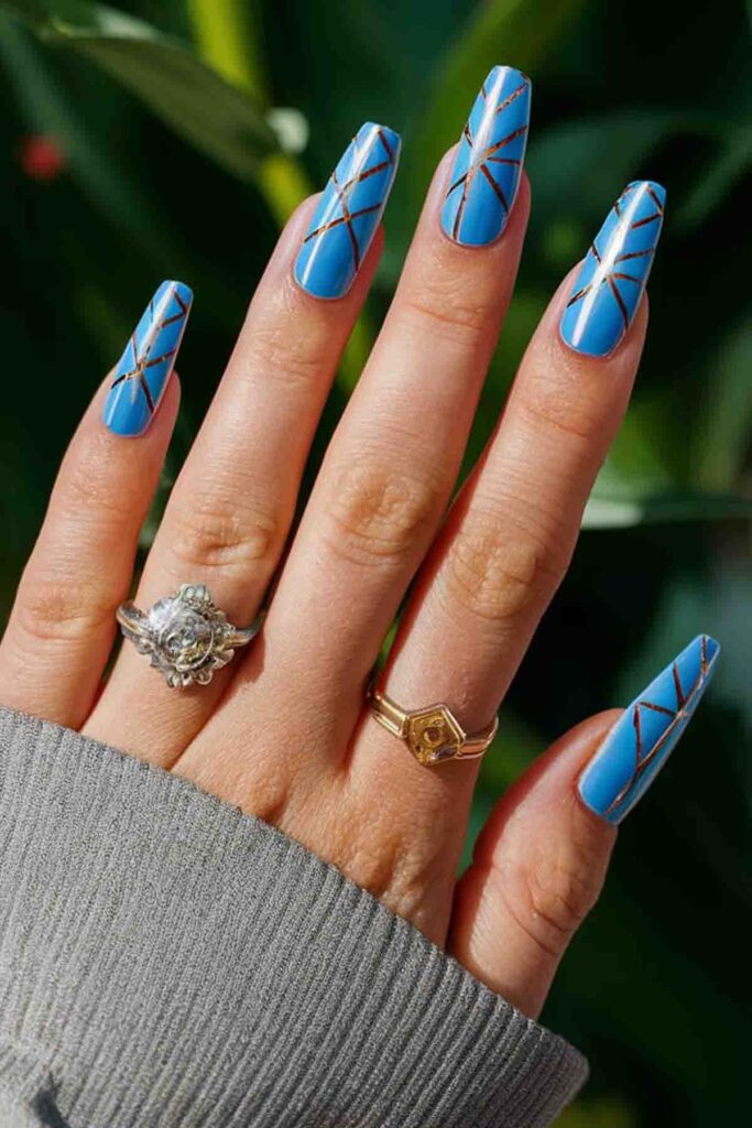 Royal Blue with Geometric Patterns Nails 