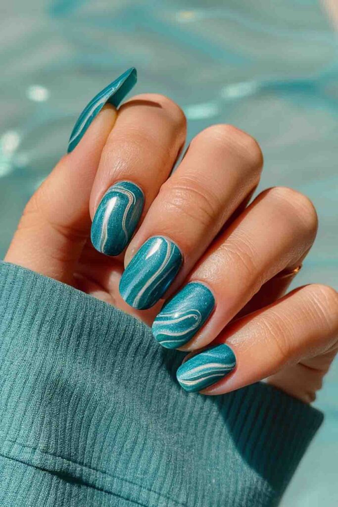 Teal Blue with Marble Effect nails art